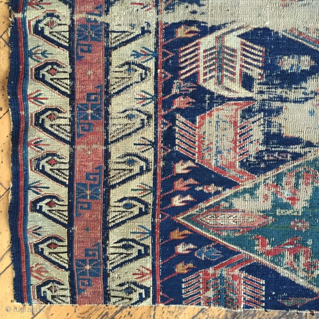 Ghostly little fragment of an antique Caucasian soumak rug. Nice border. All good colors. Clean out priced. 19th c. 3'7" x 4'8"           