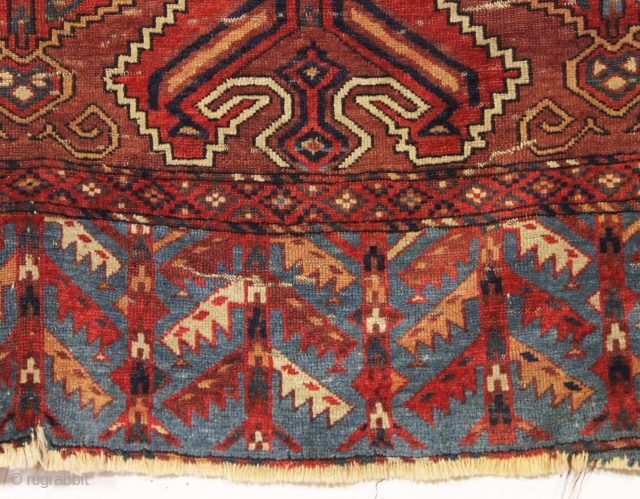 antique turkoman yomud ensi with an eye catching blue elem panel. Older example with fine weave and beautiful natural colors including attractive light blues and very nice greens. Mostly good even pile  ...