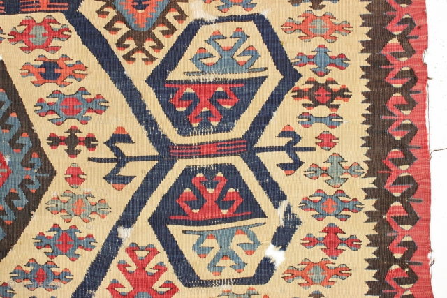 Early anatolian kelim fragment. All good old colors. Inexplicable condition. Appears to be show full length and width. mid 19th c. or earlier 2'8" x 8'6"       