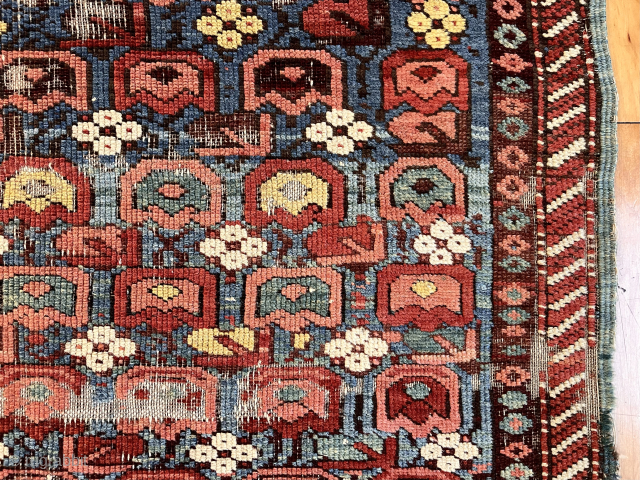 Out of the cedar chests. Early diminutive Caucasian rug with an unusual field. Great old colors. Kuba? Zeichour? Truly non commercial. Far from perfect condition. Mid 19th c. 32” x 46”  