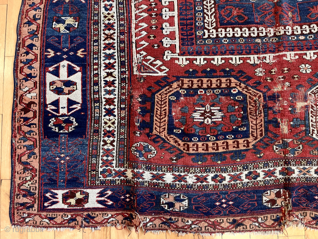 Out of the cedar chests. Early Turkish rug. Well drawn and beautifully colored example of the type. Hard to find now. Condition not perfect. Nearly square. 65” x 67” ca. 1800  