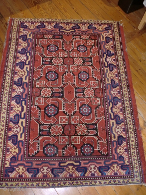 Rare Samarkand ( Khotan) medium sized ( 165x125 cm) rug. C. 1910. Selvages and some corners damaged, lost fringes, but all sides secured. Full pile, natural colors. The square of anatolian Godesses  ...