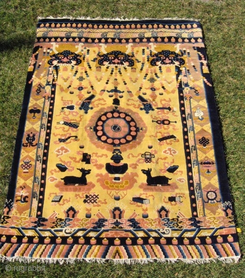 Chinese hanging/banner rug (#1069) 5’ 8” x 7’ 10”; small area of loose wefts at bottom left, but otherwise excellent condition, mid-20th century
          