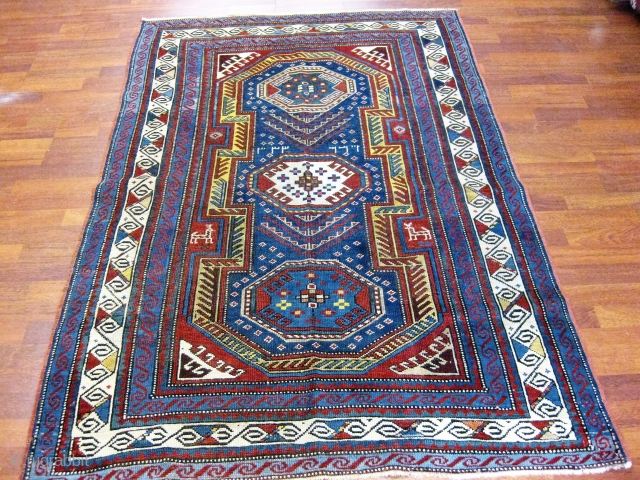 Dated Antique Kazak Caucasian Rug-3117.  Antique Kazak rug with key design, from southwestern Caucasus, dated A.H 1333 (A.D. Equivalent 1914). Size 4 ft x 5 ft. 10 inches. An imposing motif  ...