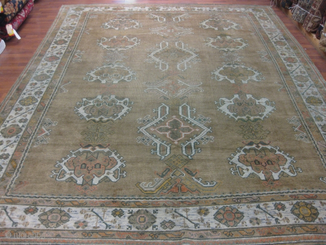 Antique Turkish Ushak Rug-3990-West Of Turkey, size 8 ft. 10 inches by 11 ft. 7 inches, circa 1900. allover design on olive green field, excellent condition throughout except very slight lower pile,  ...