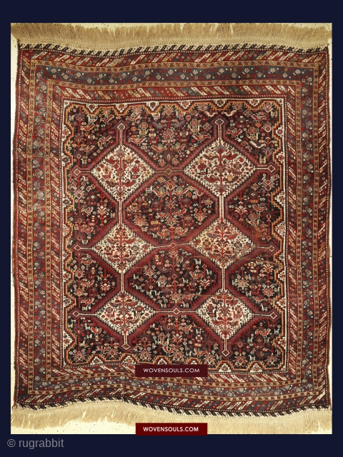 Old Khamse Bird rug. Good borders. Worth a look - so see more photos here: https://wovensouls.com/products/1526-antique-khamseh-khamse-bird-rug                 