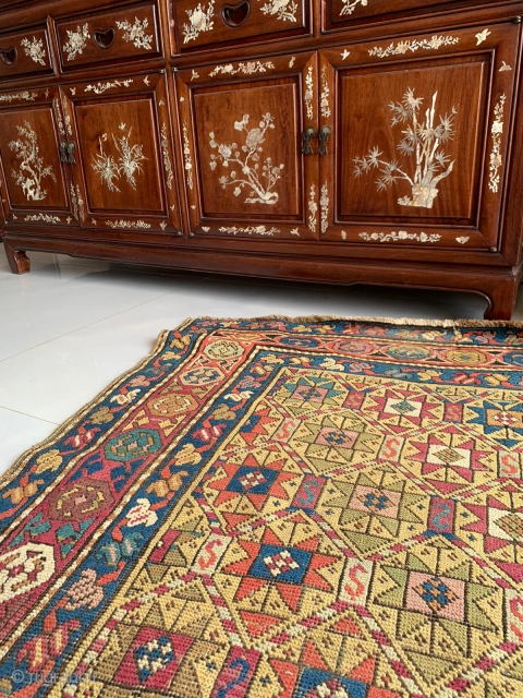 Antique Caucasian Gendge Rug - with rare barber pole lattice borders. Note the checkerboard inside the Stars ... Superbly detailed ..made with love. Details here: https://wovensouls.com/products/115-antique-star-lattice-gendge-rug-gallery-2?_pos=1&_sid=7c876d2c1&_ss=r       