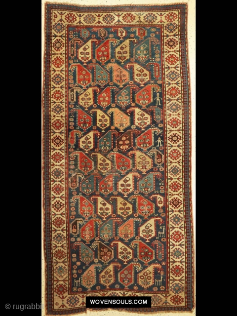 Gendge with well developed boteh. The best feature is the presence of human figures and their animals. See more on link... https://wovensouls.com/products/1645-antique-gendge-boteh-rug-with-figures           