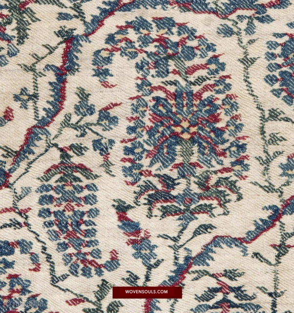 Rare Composite Pashmina Prayer Mat from Kashmir out of Pashmina weavings estimated to be from the mid 1700s and the composite created sometime later. More details: https://wovensouls.com/products/1470-antique-kashmir-prayer-niche-mat-jamawar-pashmina      