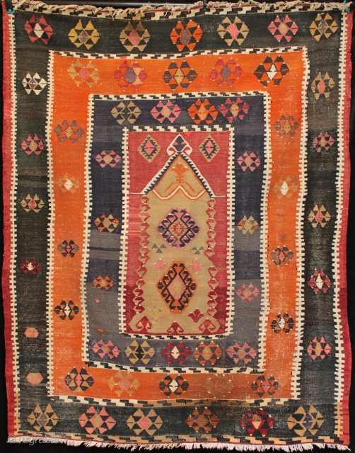 Rare & fine antique Anatolian Sarkisla Prayer Kilim, 154x117cm, reweaving to edges and small repairs of various ages, stained area lower right and smaller stain top border, estimated 90 years or more.  ...