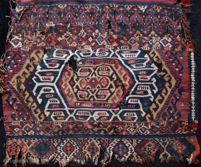 19th century Sinanli single kilim heybe fragment woven by a sub-tribe of Drejan in the Malatya region, one of the ancient tribal villages now under the Karajaya dam. Very fine, light weave  ...