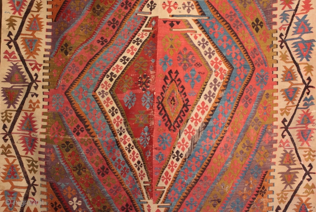 Large 4 metre long 19th century Aksaray dowry kilim, perhaps from the Taspinar area, with su yolu running water border. Striking asymmetry of design between the two halves and interesting variations in  ...