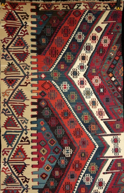 Fine Antique Anatolian Kilim from Sivas. Intricate meander/running water border, good colours and finely drawn motifs, well saturated natural dyes. Both dyed and natural ivory white wool & white cotton weft on  ...