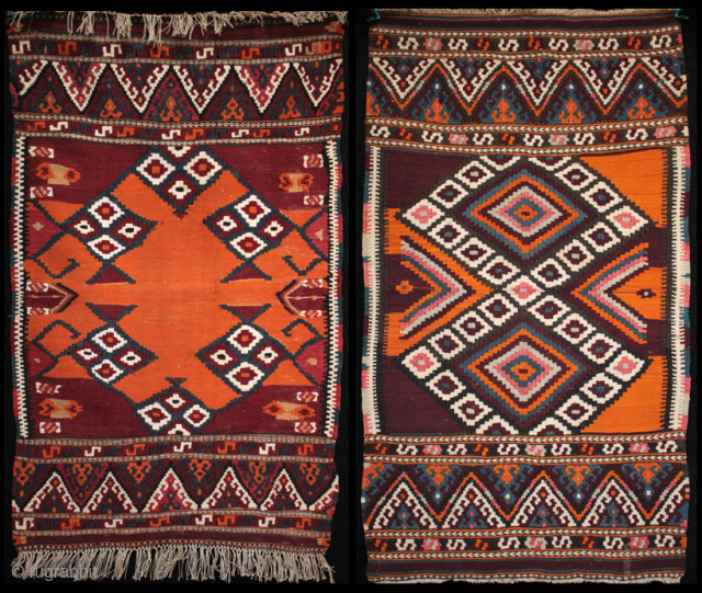 Two small collectible, related but different Helvaci Manastir kilims,the first older with natural orange (or your money back!), the second with interesting asymmetrical colour arrangement in the field, natural and aniline dyes.  ...