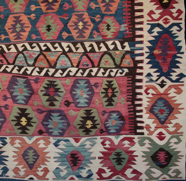 An exceptional 19th century Anatolian Konya kilim with beautiful colours from natural dyes, including reds derived from cochineal and an unusually good aubergine. The dying and weaving skills displayed are masterly as  ...