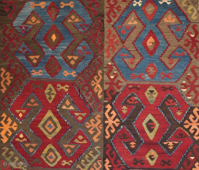 Central Anatolian kilim from Aksaray near Konya with very large guls a beautiful rich colour palette from natural dyes with good abrash. Originally a longer kilim, probably twelve guls, and skilfully reduced  ...