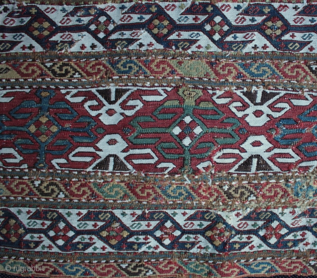 Mid 19th century Shahsavan soumac mafrash panel.
Finely woven with double bird head main border which I understand is called the 'abdul burun' pattern and Greek key/meander secondary borders. Clean and in as  ...