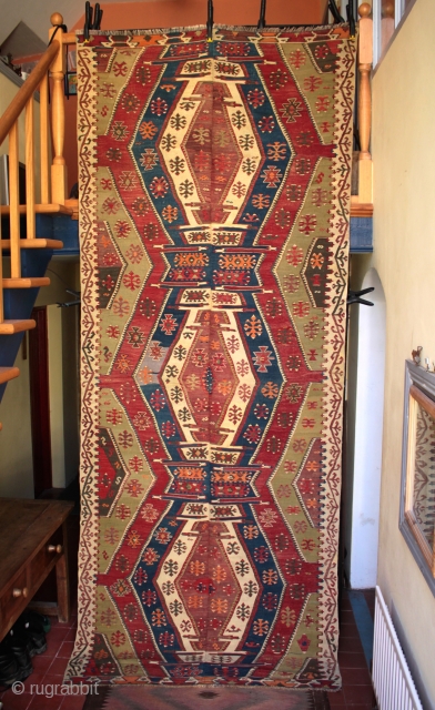 Old Bekdik tribe kilim from the Aksaray-Nevşehir area of central Anatolia. Woven in two panels with good colours and design, two ply twisted natural wool warp in two shades, alternating natural wool  ...