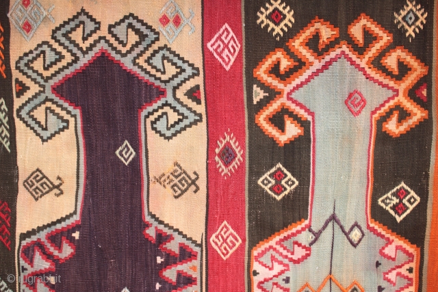 Big long nine saf Sivas kilim with an archaic saf design going back to at least the 18th century, not quite antique - 1920s/30s? but nevertheless a striking and unusual kilim which  ...