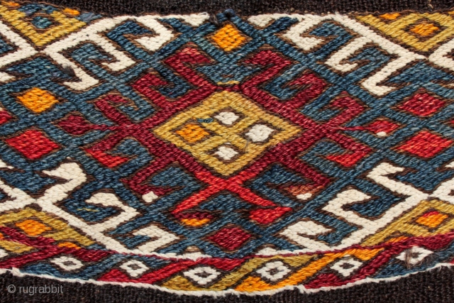 Stunning small intact antique Antalya soumak chuval. 110x46cm, 60/70 years old. Reciprocal broading, black goat hair foundation, warp and weft, holes to back €195 ono. For more photos see: http://www.sculpture-ireland.com/www.kilim.ie/TRIBAL_RUGS_and_KILIMS/Pages/CHUVAL_from_Anatolia,_Kurdistan.html   