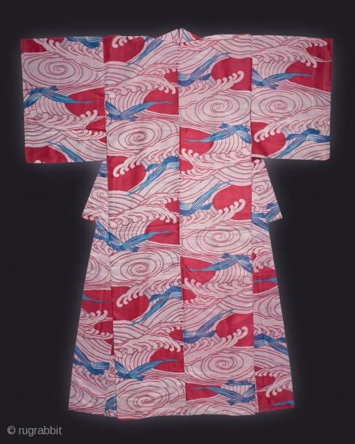 Japanese silk meisen kimono, stencil-printed weft threads woven with waves and seagulls design in red and pale blue, circa 1930, two small stains on the front, otherwise in good condition.   