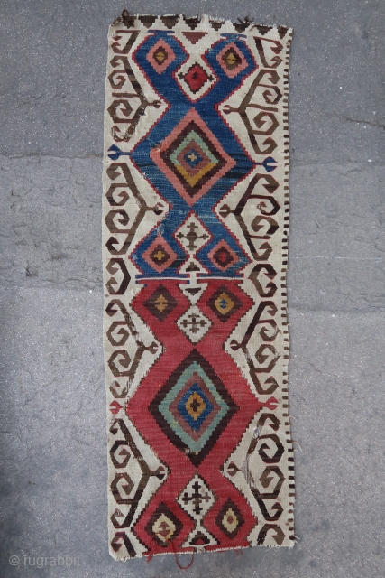 Antique anatolian kilim fragment (180 cm. x 61 cm.)
Good old dyes and bold design, rare.
More pictures and info: ygissinger@yahoo.fr
Shipping worldwide at cost.           