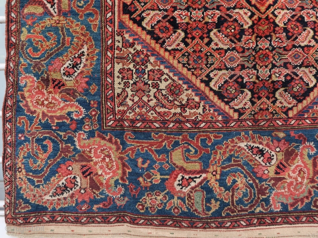 Old and colorful unusual Malayer rug (200 cm x 130 cm)
Cristal clear colors including a nice green , blue and aubergine, heavily abrashed, overall good condition. Luxuriant boteh border, some small birds  ...