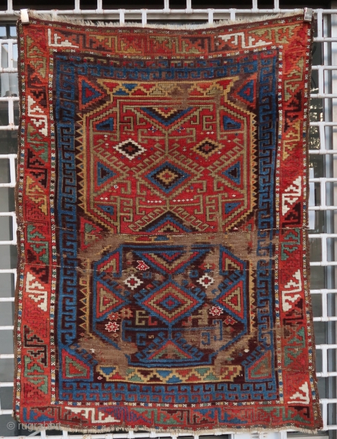 Rare, old and colorful Konya double medallion rug (156 cm x 137 cm / 4ft 5in x 5ft 11in). Incredible colors and extremely nice labyrinth medallion design. Some wear here and there,  ...