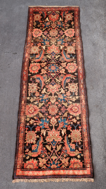 Unique, Old and bold, lovely Senneh rug in small format (240 cm. x 80 cm.)
Highly decorative, pastel tonalities on a black and purple ground with many abrashes. 
19th c. synthetic dyes for  ...