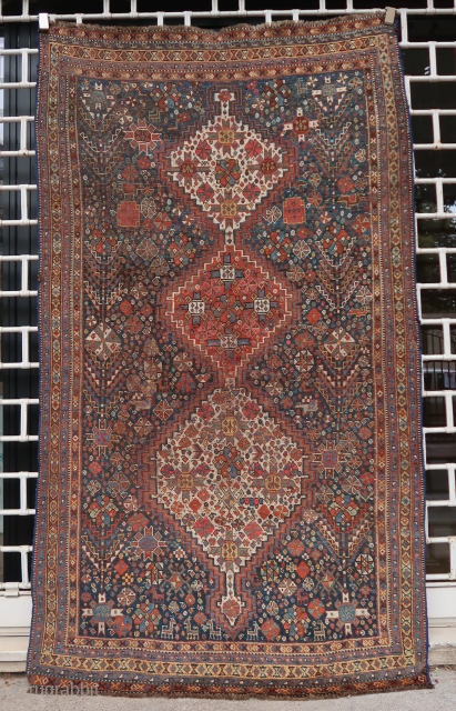 Old and rare Khamseh oer Lurs rug (230 cm. x 130 cm.)
Rare design, not sure about the tribe...
Some wear, selvedges reovercasted, one obvious synthetic dye but authentic piece, all is visible on  ...