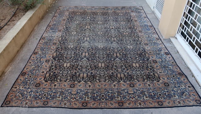 An old, large and fine Kerman carpet (410 cm. x 293 cm.)
Soft pastel and blue tonalities for this rare piece. Some wear and repairs, but not disturbing for the eyes in a  ...