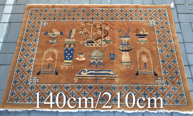 Chinese Baotou rug, camel background with Ancient Chinese vases and flower patterns . Good condition. Size 140*210cm(55*82”)                