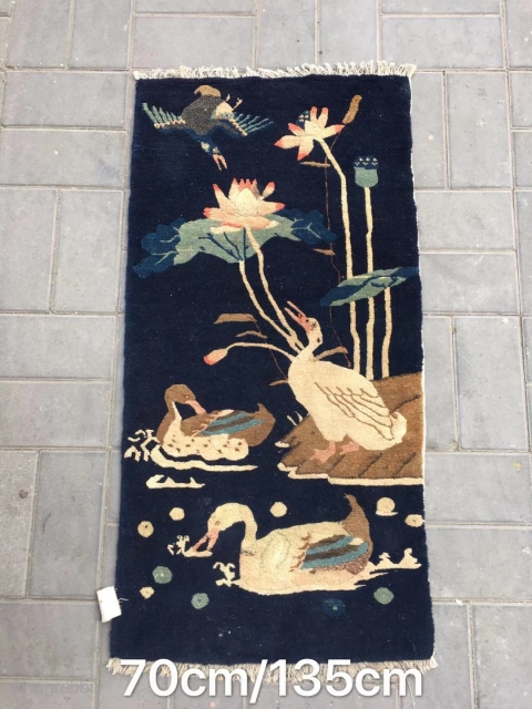 Chinese Baotou rug,  blue backpack with “Mandarin duck playing in the water “ pattern. Good age and condition. Size 135*70cm(
53*27”)            