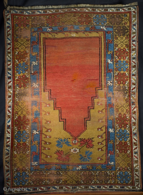 Vintage Prayer Rug from Konya Turkey, (103 cm x 146 cm) 3'5'' x 4'10'', Region: Central Turkey, Tribe: Konya, Age: 120, Technique: Double Knotted, Material: Wool on wool.     