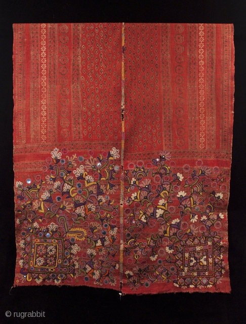 Man’s wedding shawl (doshalo). Rajasthan, India. Meghwar leather workers caste. Ajrakh vegetal dye blockprint with silk embroidery. Mid-20th century. 41" wide by 96" long (104 by 244 cm).     