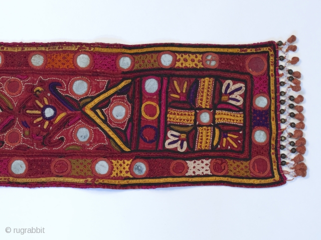 Embroidered wedding sash for groom, Kutch district, Gujarat, Western India. Silk on cotton. 57" (144.7 cm) long by 5.5" (14 cm) wide. Soft hand, very good condition. Early 20th century.   