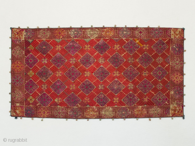 Cloth, Swat Valley, Pakistan. Cotton, silk, 16.5" (42 cm) high by 31.5" (80 cm) wide. Early 20th century. This finely hand-embroidered cloth, possibly a cover for food, shows some thread loss, especially  ...