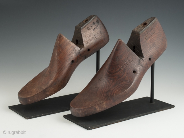 Shoe lasts, USSR. Wood, metal. Early 20th century. 10.75" (27.3 cm) and 11.25" 28.6 cm) long. Not quite a matching pair of old shoe lasts, purchased in Japan but made in the  ...