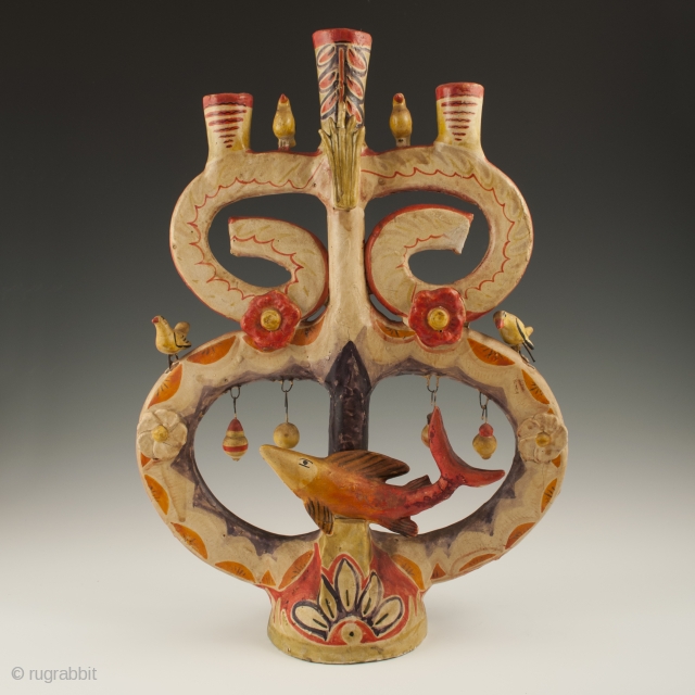 Candelabra by Aurelio Flores, Izucar de Matamoros, Mexico. Low fired cold painted ceramic, aniline dyes, Circa 1950s. 15.5" (39.3 cm) high by 11" (28 cm) wide Ex. Fred and Nancy Roscoe collection,  ...