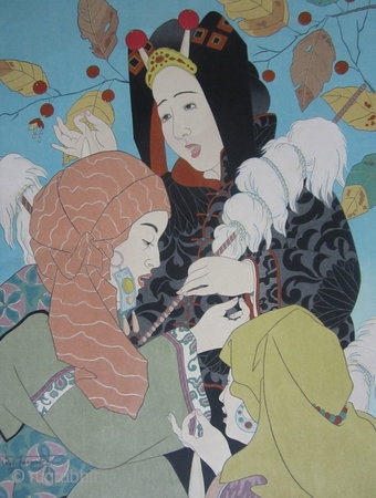Paul Jacoulet print, Le Chant des Fileuses, Mongolie

Woodblock print by Paul Jacoulet entitled "Le Chant des Fileuses, Mongolie" ("The Song of the Spinners, Mongolia"), depicting a group of three young Mongolian women  ...