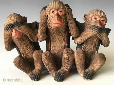 Japanese Terracotta Three Wise Monkeys

A terracotta figure of the Three Wise Monkeys - Mizaru who is covering his eyes, Kikazaru who is covering his ears and Iwazaru who is covering his mouth.  ...