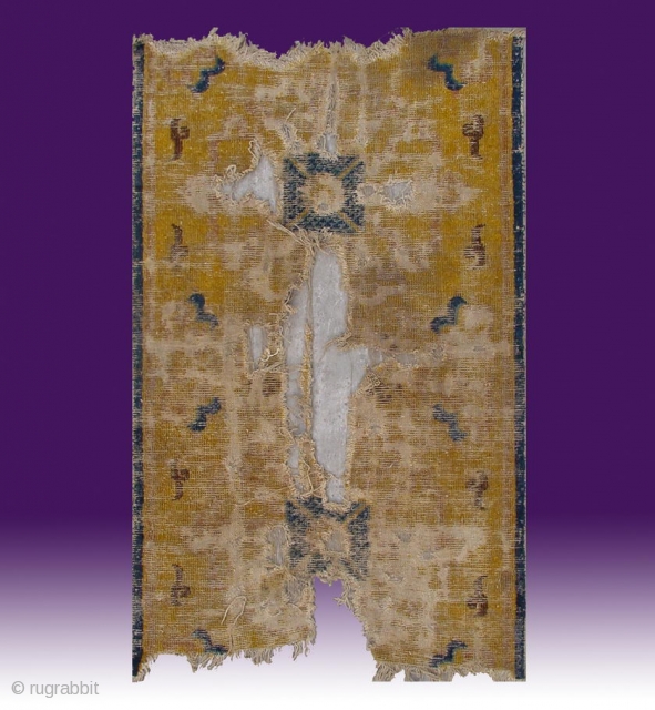 No.X0009 * Chinese Antique Ningxia Temple Rug-Runner(Fragments). Age:Early-19th Century. Size:70x120cm(2'3" x 3'11"). Origin:Ningxia. Shape:Rectangle. Background Color:Yellows                 