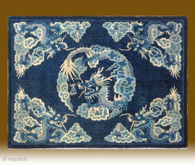 No.CL059 * Chinese Antique Rug "Dragons + Clouds" .Size: 112x152cm(3'8" x 5'). Age: Early 19th Century. Origin: Baotou-Suiyuan Shape: Rectangle. Background Color: Blues.          