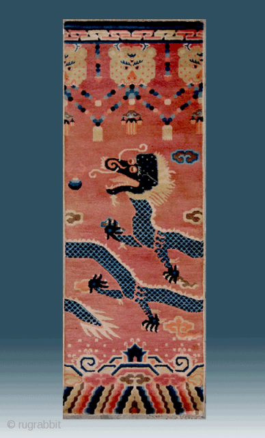 No.CL033 * Chinese Antique Ningxia Pillar "Dragon" Rug.Age: 18/19th Century.Size: 65 x 167cm (2'2"x5'6").Origin: Ningxia Shape: Rectangle. Background Color: Wood Reds.            