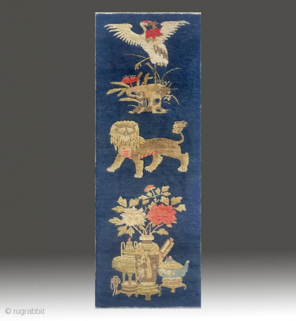 No.R152 * Chinese Antique "Lion + Crane" Pillar. Size: 51x139cm (1'8"x4'7"). Age:19th Century.  Origin: Sanxi-Yulin. Shape: Rectangle.Background Color: Blues.This carpet from Sanxi was woven to hang from a pillar in a  ...