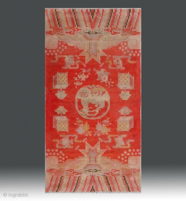 No.R094 * Chinese Antique "Fo-Dog" Temple Rug , Age:Early 20th Century.Size:69x130cm(27"x51"). Origin:Baotou-Suiyuan. Shape:Rectangle. Background Color:Reds.                  