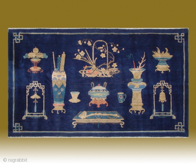 No.CL047 * Chinese Antique "Vase Design" Rug, Age:Late19th Century.Size:99x166cm(3'3"x5'5").
Origin:Baotou-Suiyuan. Shape:Rectangle. Background Color:Blues.                     