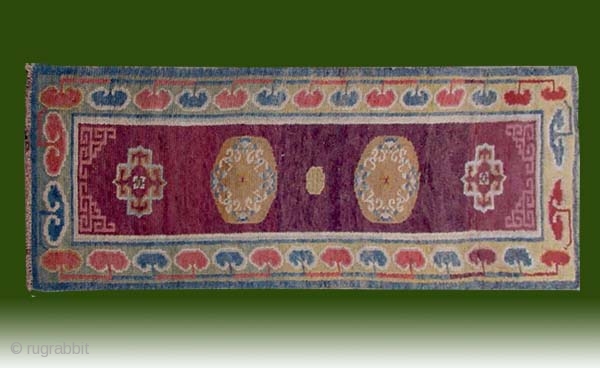 No.P72 * Tibetan "Temple Runner" Rug , Age: Late 19th Century .wool/wool Origin: Tibetan Shape: Rectangle.Size: 60 x 210 cm( 2'x 6'11 " ) Material: 100% Wool Woven: Hand-knotted Background Color:Reds .  ...