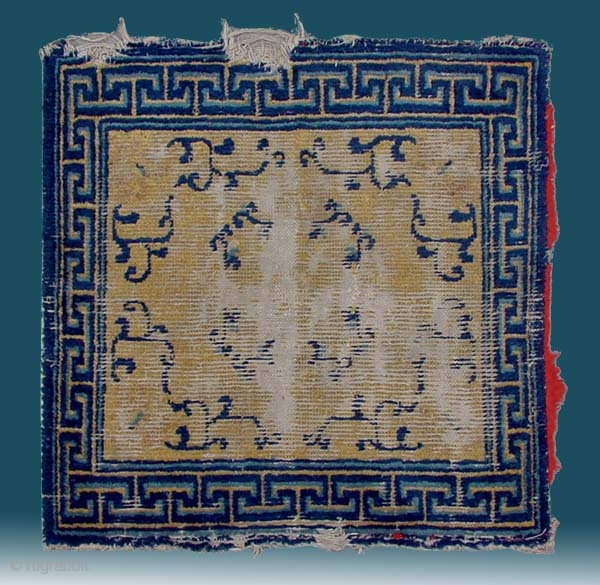 No.A0008 * Chinese Antique Ningxia Rug-Mat(Fragments). Age: 18/19th Century.Size: 70x70cm (28"x28") . Origin: Ningxia Shape: Square. Material: 100% Wool Woven: Hand-knotted. Background Color: Yellows.All vegetable dyes.       