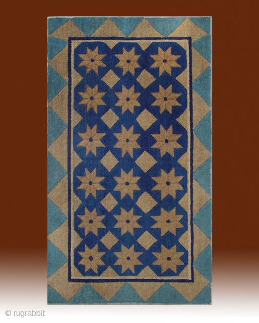 No.DX003 * Chinese Antique Rug .Origin: Beijing .Age: About 100 Years Old.Size: 83x143cm(2'9"x4'8").Background Color: Blues and Greens.Shape: Rectangle .This simple and elegant carpet has a field of stars and diamonds. The outer  ...